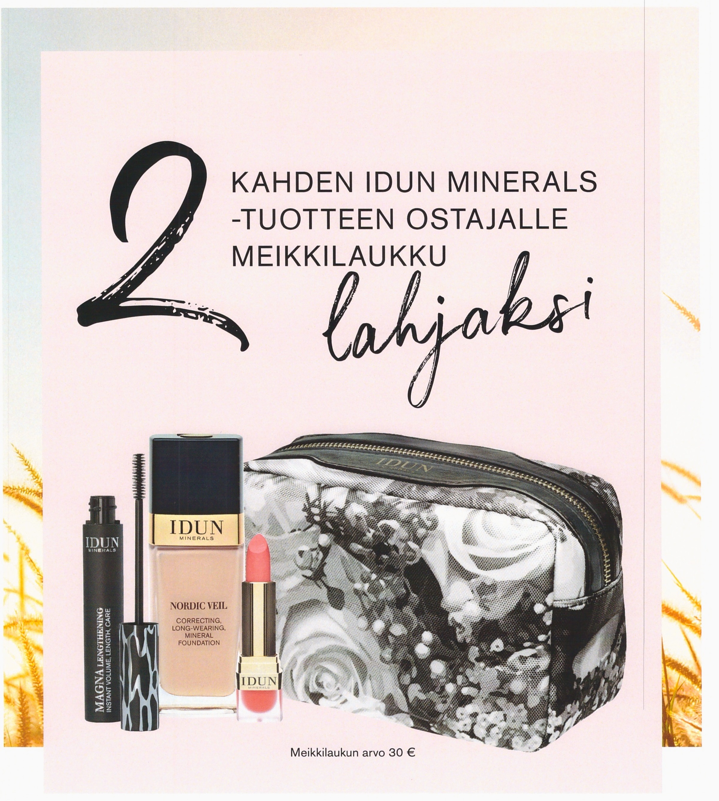 Kahden Idun Minerals-tuotteen ostajalle meikkilaukku lahjaksi